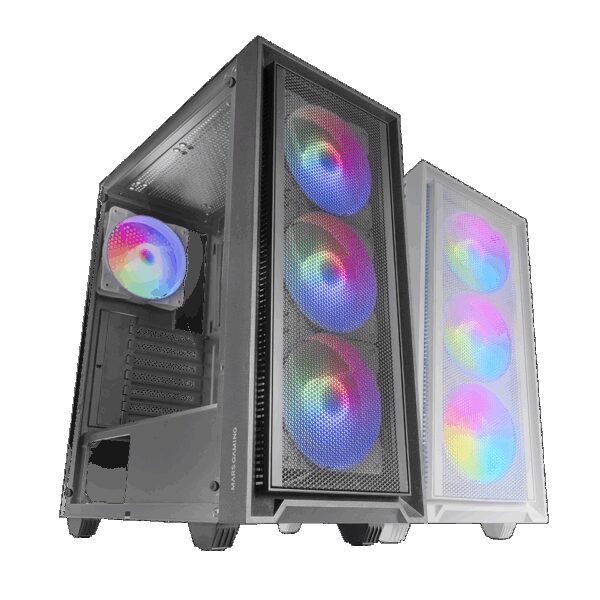 MARS GAMING MC-AIR, ATX COMPUTER CASE, 4X120MM FRGB FANS, FRONT MESH + TEMPERED GLASS SIDE PANEL, DUAL CHAMBER DESIGN, BLACK