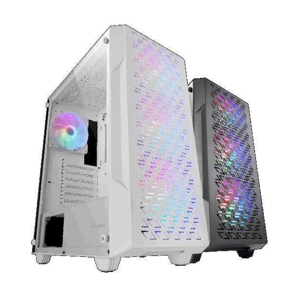 MARS GAMING MC-GEO, ATX COMPUTER CASE, 4X120MM FRGB FANS, TEMPERED GLASS SIDE PANEL, DUAL CHAMBER DESIGN, WHITE
