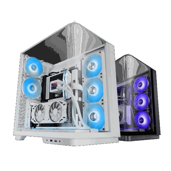 MARS GAMING MC-INFINIO, ATX CASE, FRAMELESS TRIPLE ROUNDED CONTINUOUS GLASS, 2X REAR ARGB FANS,  HUB + REMOTE CONTROL, BACK CONNECT MB COMPATIBILITY, VERTICAL GPU INSTALLATION SYSTEM, WHITE
