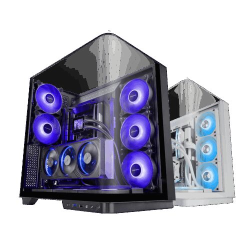 MARS GAMING MC-INFINIO, ATX CASE, FRAMELESS TRIPLE ROUNDED CONTINUOUS GLASS, 2X REAR ARGB FANS,  HUB + REMOTE CONTROL, BACK CONNECT MB COMPATIBILITY, VERTICAL GPU INSTALLATION SYSTEM, BLACK