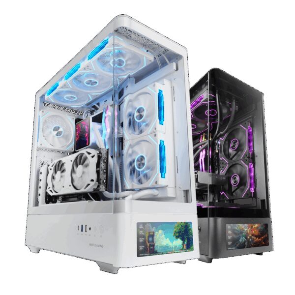 MARS GAMING MC-LCDPRO, ATX CASE WITH INTEGRATED 7,2" IPS DISPLAY, TEMPERED CURVED GLASS FRONT AND SIDE PANELS, SIDECOOL, FULL WATERCOOLING SUPPORT, WHITE
