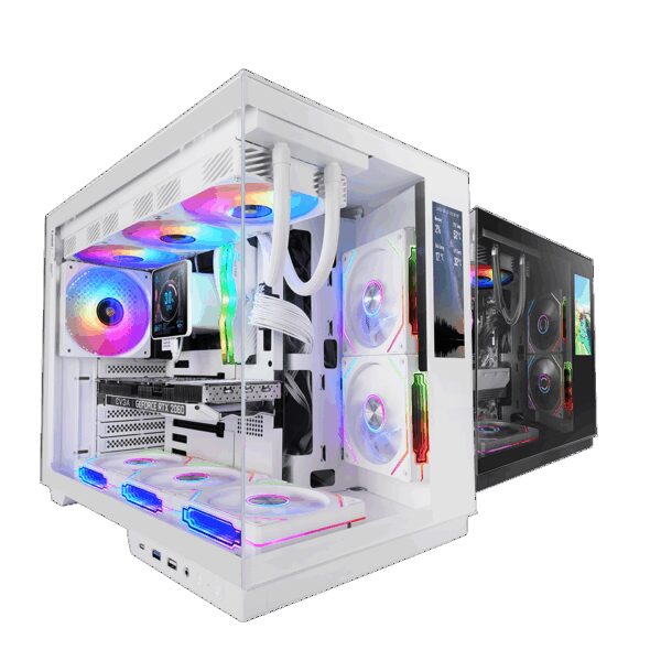 MARS GAMING MC-MIRAGE, ATX CASE WITH INTEGRATED 7.2" IPS 360×960 MONITORING DISPLAY, FRAMELESS FRONT AND SIDE PANELS, USB-C PORT, WHITE