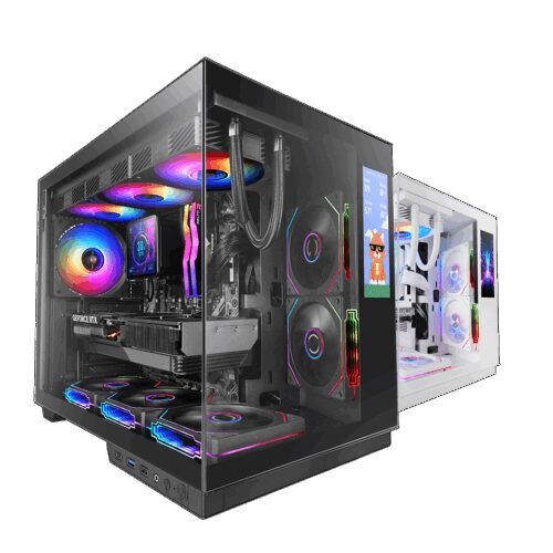 MARS GAMING MC-MIRAGE, ATX CASE WITH INTEGRATED 7.2" IPS 360×960 MONITORING DISPLAY, FRAMELESS FRONT AND SIDE PANELS, USB-C PORT, BLACK