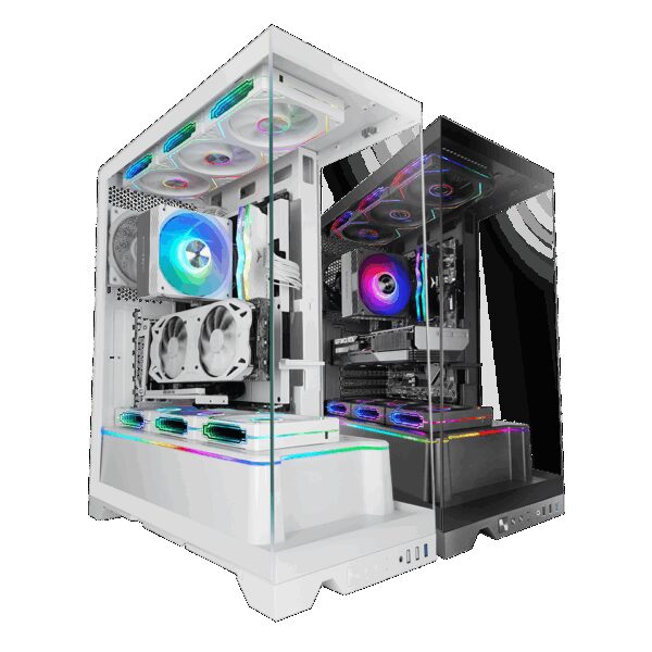 MARS GAMING MC-PRISMA, ATX CASE, 360 TRIPLE  TEMPERED GLASS PANELS, ARGB STRIP, BACK CONNECT MB SUPPORT, ARGB MB & CONTROLLERS , HORIZONTAL GPU BRACKET, 360MM LIQUID COOLING SUPPORT, WHITE