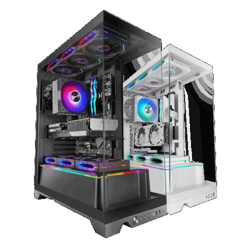 MARS GAMING MC-PRISMA, ATX CASE, 360 TRIPLE  TEMPERED GLASS PANELS, ARGB STRIP, BACK CONNECT MB SUPPORT, ARGB MB & CONTROLLERS , HORIZONTAL GPU BRACKET, 360MM LIQUID COOLING SUPPORT, BLACK