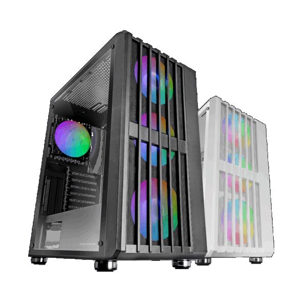 MARS GAMING MC-VAULT, ATX COMPUTER CASE, 4X120MM ARGB FANS, OPEN FRONT MESH + TEMPERED GLASS SIDE PANEL, RGB MB & CONTROLLERS COMPATIBLE, BLACK