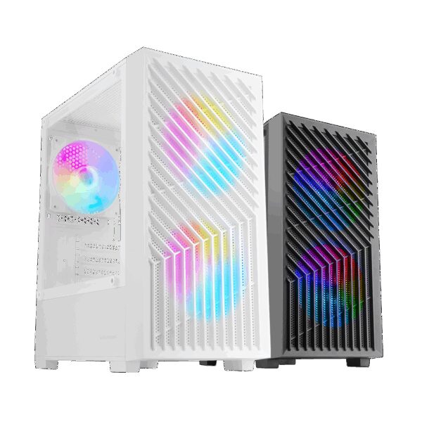 MARS GAMING MC-VORTEX, MATX COMPUTER CASE, GEOMETRIC MESH FRONT & TEMPERED GLASS SIDE PANEL, 3X FRGB FANS, DUAL CHAMBER DESIGN, WHITE