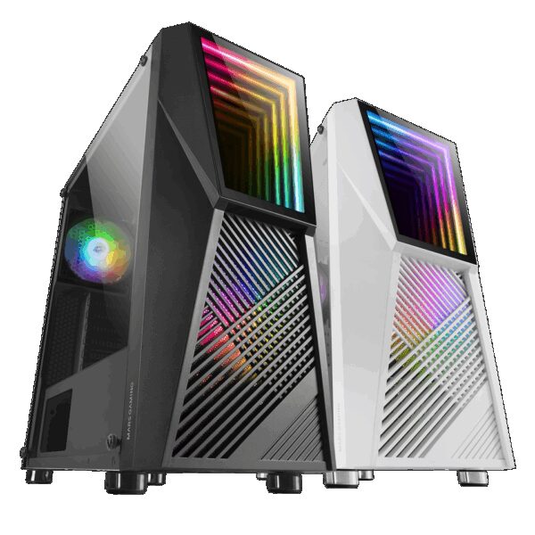 MARS GAMING MC777, ATX CASE, 2X 120MM ARGB FAN, T. GLASS, INFINITY MIRROR, WHITE