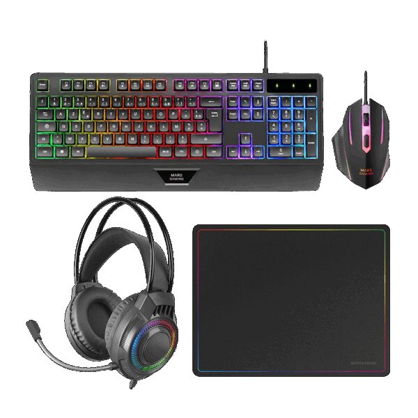 MARS GAMING MCP-124PRO, 4IN1 GAMING COMBO RGB H-MECH KEYBOARD WITH PALMREST, RGB 3200DPI MOUSE HUANO SWITCHES, 360*260MM MOUSEPAD, FRGB RAINBOW HEADSET, FRENCH, BLACK