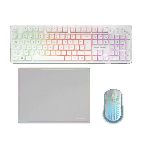MARS GAMING MCPWX, 3IN1 WIRELESS GAMING PACK, FULL-SIZE WIRELESS RGB KEYBOARS WITH MULTIMEDIA CONTROL DIAL & BUTTONS, ULTRALIGHT 79G WIRELESS MOUSE, DUALPRO LINK, 360X2660MM MOUSEPAD, PORTUGUESE LAYOUT, WHITE