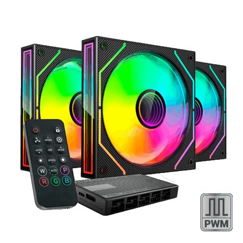 MARS GAMING MF-3DPROKIT, 3X 120MM INFINITY MIRROR ARGB 360º PWM FAN KIT, FDB BEARINGS, CONTROL HUB & RF CONTROL, ARGB MB & CONTROLLERS COMPATIBILITY, BLACK
