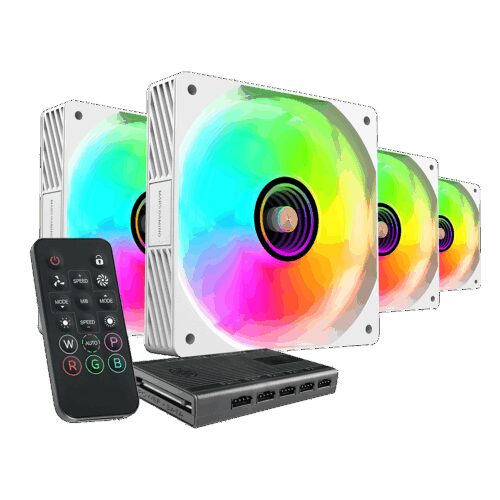 MARS GAMING MF-SI4KIT, X4 ARGB INFINITY MIRROR FAN KIT, ADVANCED 10-FAN CONTROL HUB & REMOTE CONTROL, FDB, HYPERBALANCED COPPER CORE, ANTI-VIBRATION RUBBER PADS AND FRAME, ARGB MB & CONTROLLERS COMPATIBLE, WHITE