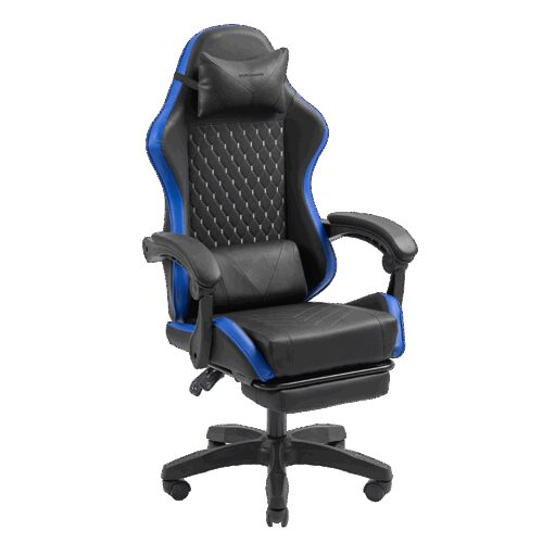 MARS GAMING MGC-X, GAMING CHAIR, ADJUSTABLE HEIGHT AND RECLINING BACKREST, EXTENDABLE FOOTREST, ERGONOMIC HEAD & LUMBAR CUSHIONS, LEATHERETTE, BLUE