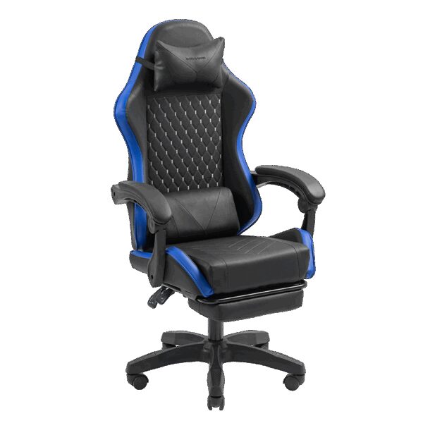 MARS GAMING MGC-X, GAMING CHAIR, ADJUSTABLE HEIGHT AND RECLINING BACKREST, EXTENDABLE FOOTREST, ERGONOMIC HEAD & LUMBAR CUSHIONS, LEATHERETTE, BLUE