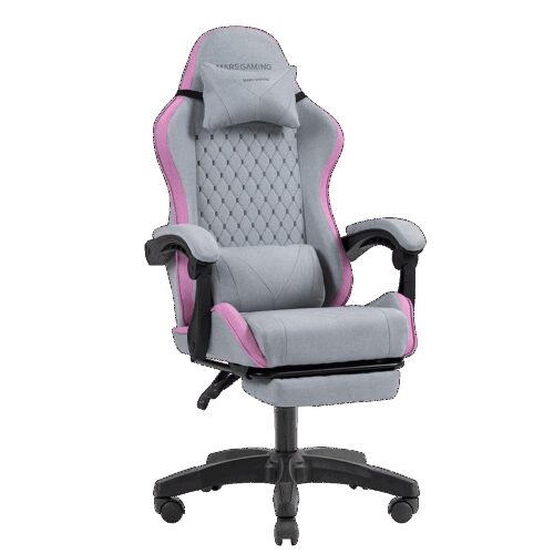 MARS GAMING MGC-X, GAMING CHAIR, ADJUSTABLE HEIGHT AND RECLINING BACKREST, EXTENDABLE FOOTREST, ERGONOMIC HEAD & LUMBAR CUSHIONS, BREATHABLE TEXTILE, SILVER PINK
