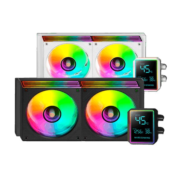 MARS GAMING ML-LCDPRO240, WATERCOOLING AIO, 2.8" MONITOR DISPLAY, ARGB INFINITY LIGHTING, 4TH GEN OPTI-CHAMBER, ULTRA-PERFORMANCE 500W TDP, 2X ULTRA-SILENT COPPER-CORE FAN, BLACK