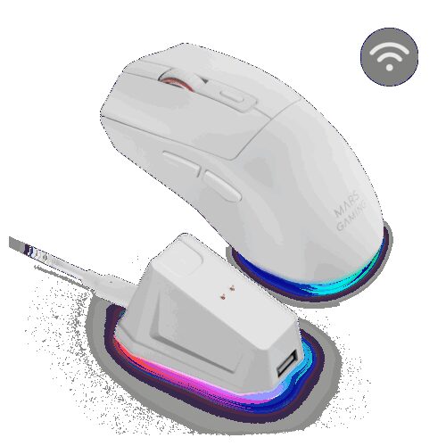 MARS GAMING MM -T3, TRI-MODE WIRELESS ULTRA-LIGHT 63G RGB GAMING MOUSE, BLUETOOTH, 2.GPRO & WIRED CONNECTION, RGB CHARGING DOCK, 14400DPI PAW3104PRO SENSOR, HUANO SWITCHES, SOFTWARE, WHITE