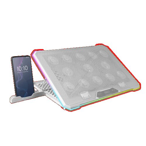 MARS GAMING MNBC13, ARGB NOTEBOOK COOLER & STAND, 13x FANS, LCD CONTROL SCREEN, PHONE HOLDER, UP TO 17", WHITE