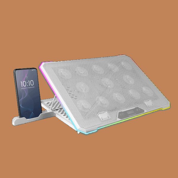 MARS GAMING MNBC13, ARGB NOTEBOOK COOLER & STAND, 13x FANS, LCD CONTROL SCREEN, PHONE HOLDER, UP TO 17", WHITE