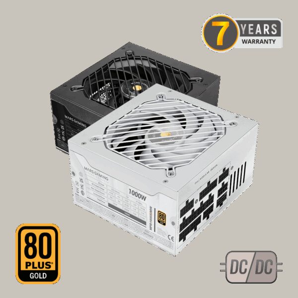 MARS GAMING MPB1000SIM, 1000W ATX 3.1 FULL MODULAR PSU, PCIe 5.1 READY 12V-2x6 CABLE NOT INCLUDED, DC-DC & SMD TECH, 80PLUS GOLD, APFC, ULTRA SILENT AI2-RPM & 140MM SI COPPER FAN, 7 YEARS WARRANTY, WHITE