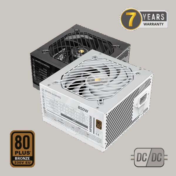 MARS GAMING MPB850SI, 850W PSU, DC-DC & SMD TECH, 80PLUS BRONZE, ACTIVE PFC, ULTRA SILENT AI2-RPM & 12CM SI COPPER FAN, 7 YEARS WARRANTY, WHITE