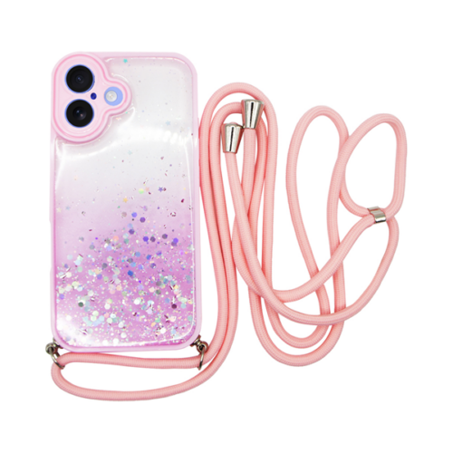 cs-nc-2-2409001 Vivid Bling Glitter with Stars Case and lanyard Apple iPhone 16 Pink