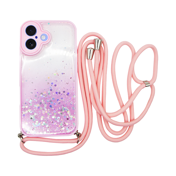Vivid Bling Glitter with Stars Case and lanyard Apple iPhone 16 Pink